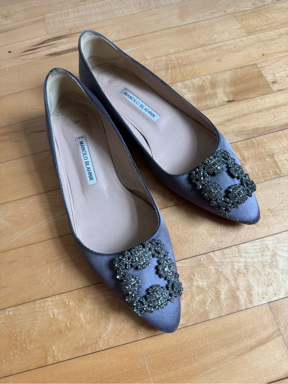 Manolo Blahnik Lavender Satin Pointed Toe Flats with Crystal Buckle